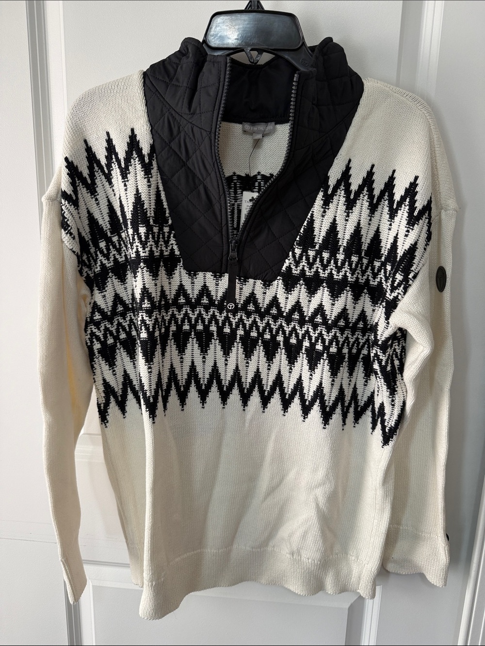 Talbots Cream and Black Quilted-Neck Fair Isle Pullover Sweater